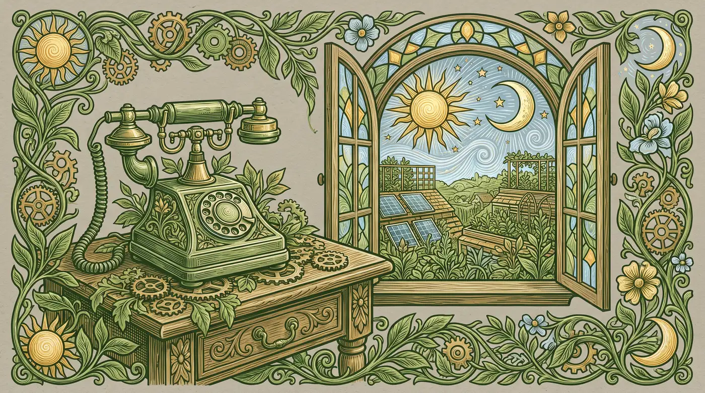 Engraved almanac plate: an old desk telephone wrapped in green vines stands on a carved wooden desk beside an open arched window, through which a sun and a crescent moon hang over solar-roofed gardens; suns, moons and gears run through the leafy border.