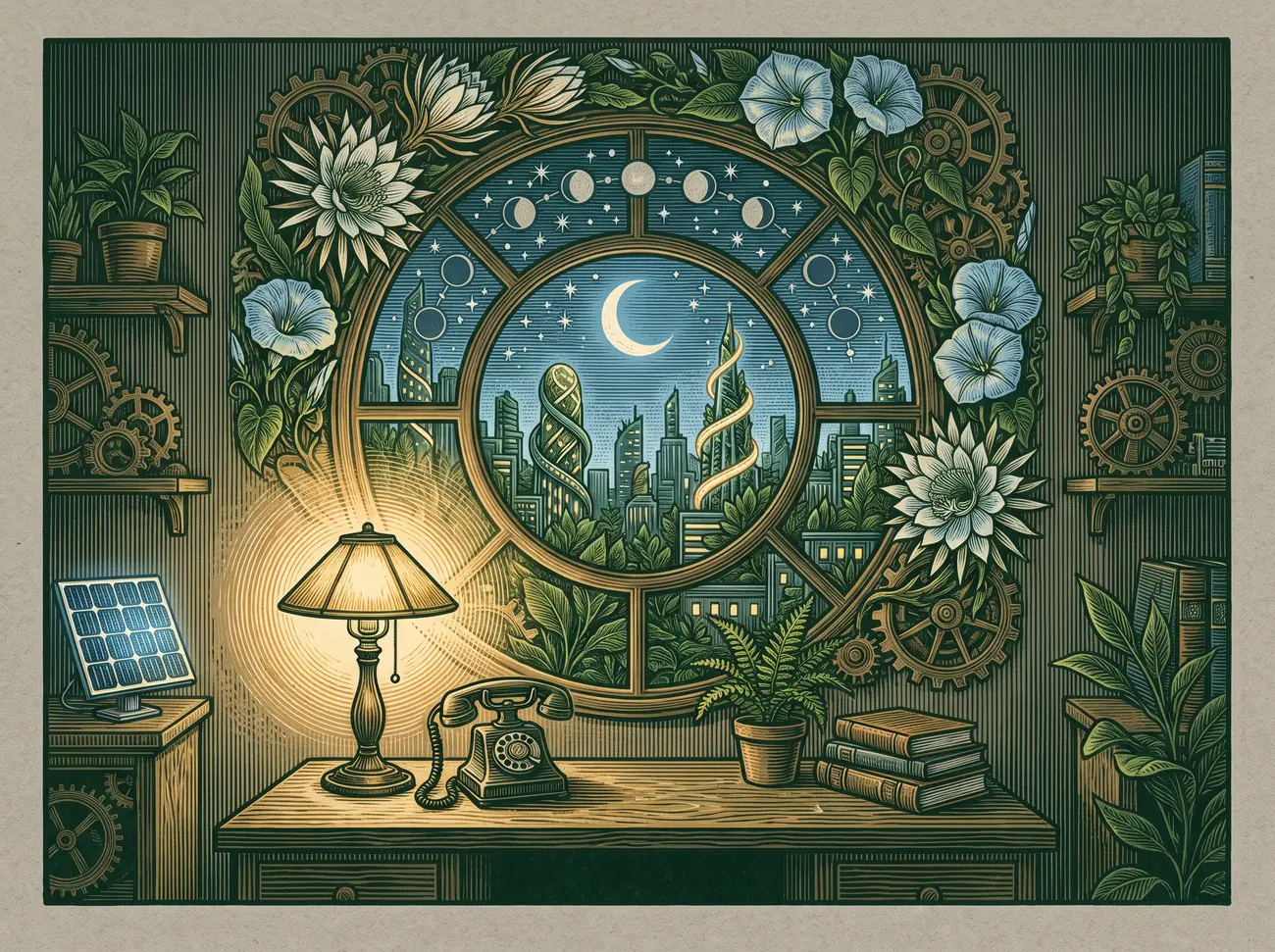 Engraved night plate: a lamp glows beside an old telephone and a stack of books on a wooden desk, under a great round window that looks onto a moonlit city of green towers wrapped in vines and night-blooming flowers.