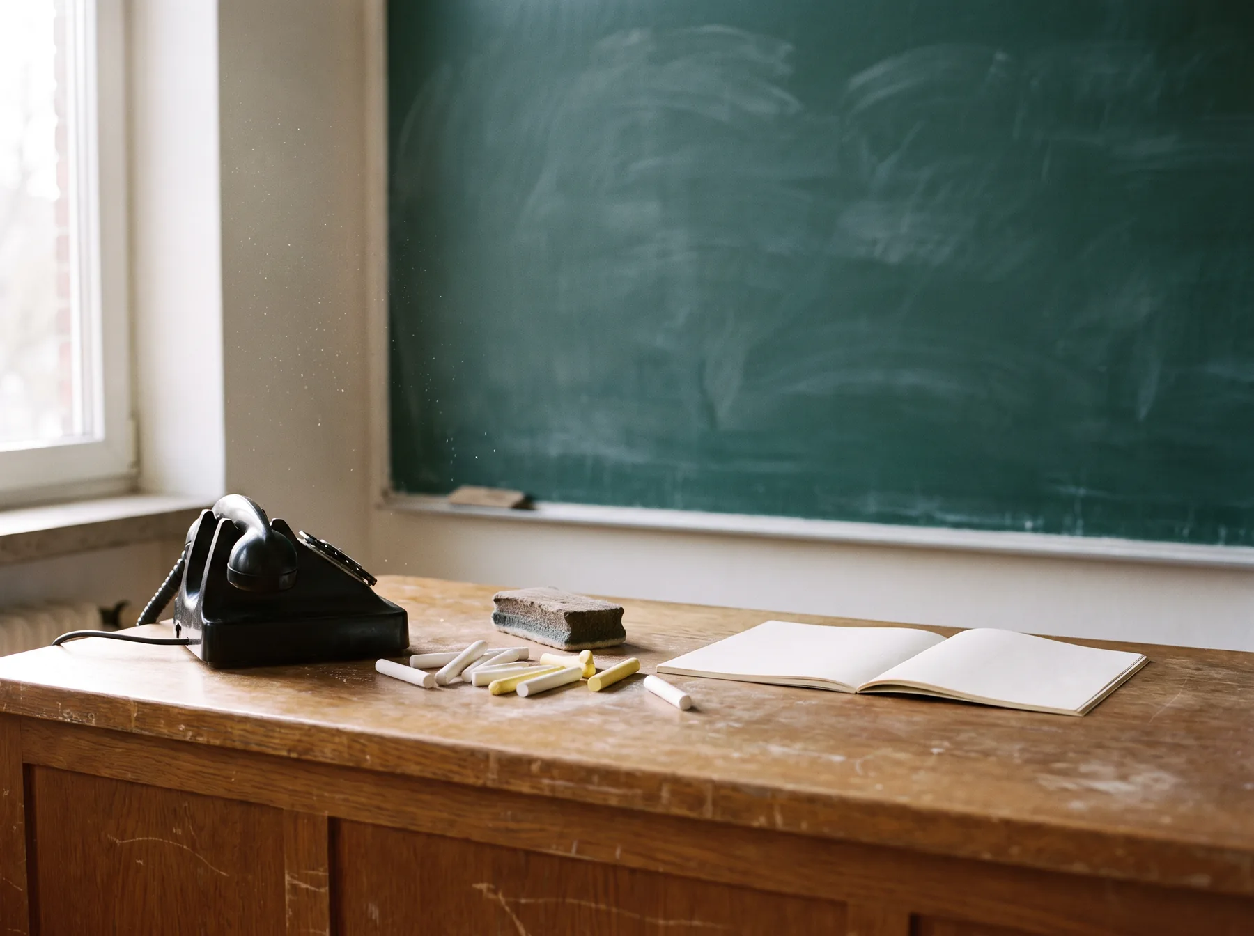 An old wooden teacher’s desk in front of an erased green chalkboard, with a black rotary telephone, scattered white and yellow chalk, a felt eraser and an open blank notebook in soft window light.