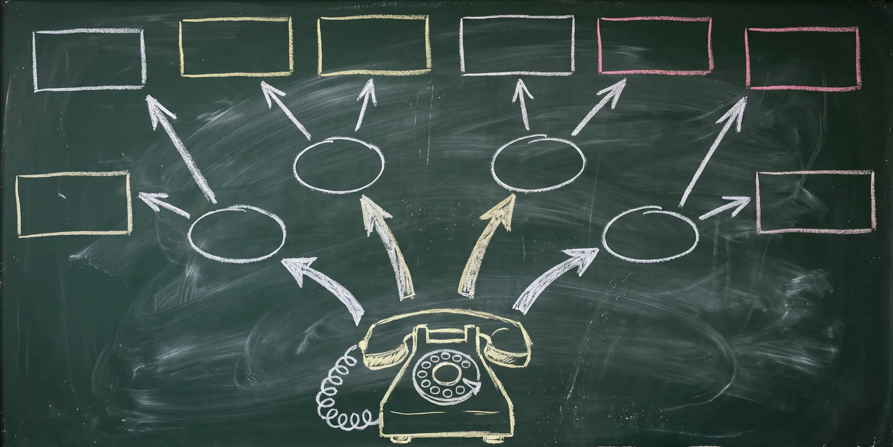 A chalk drawing on a green chalkboard: a rotary telephone at the bottom sends curved arrows up to four ovals, which branch again into rows of empty rectangular boxes, the shape of a phone tree.
