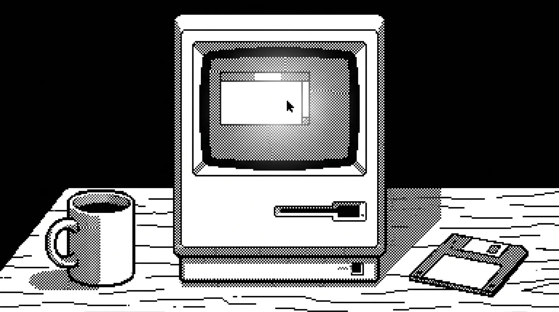 A 1-bit dithered drawing of a compact desktop computer on a wooden desk, a small window open on its screen, with a coffee mug on one side and a floppy disk on the other.