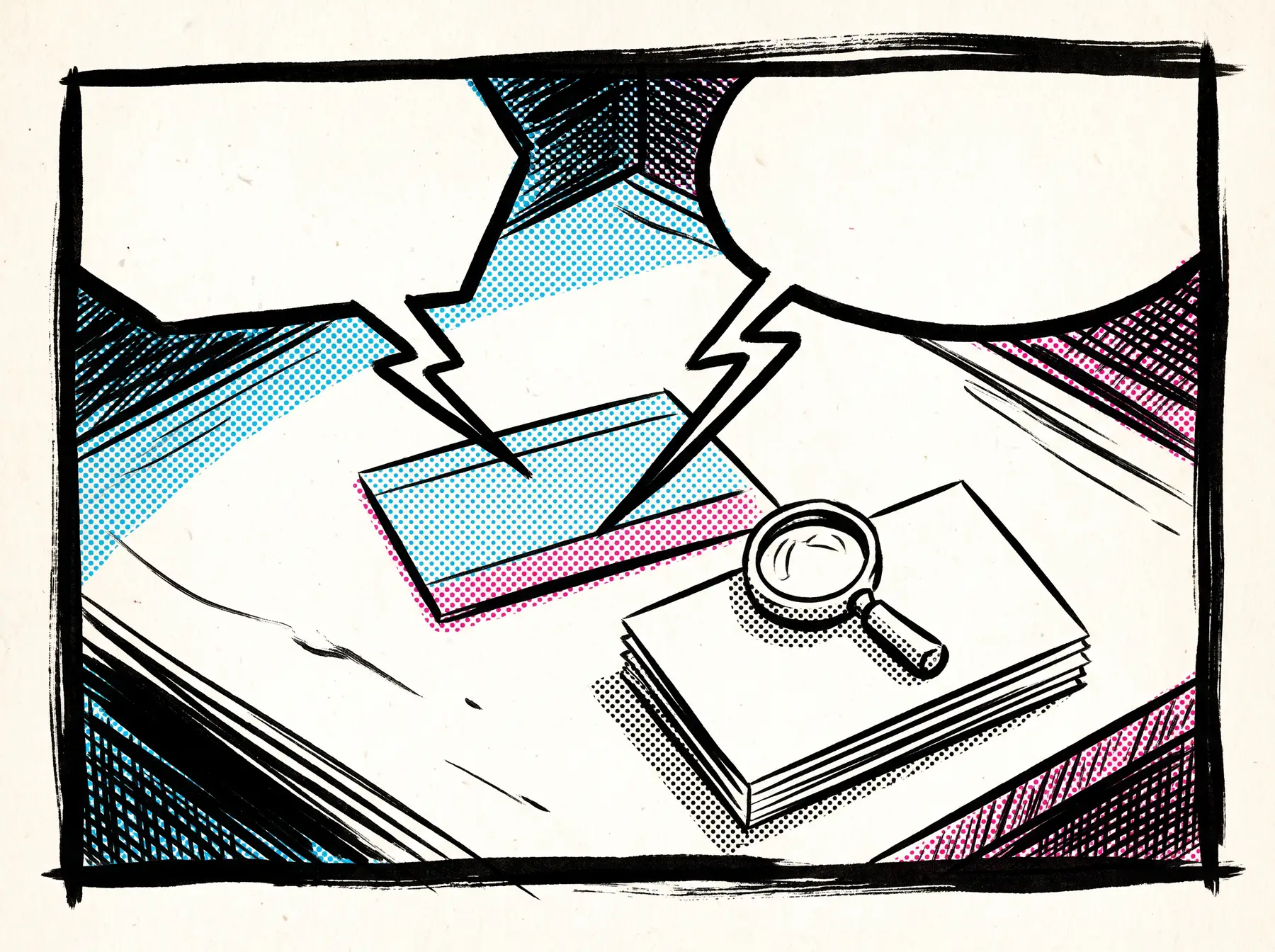 Comic panel in heavy black ink with cyan and magenta halftone: two jagged speech balloons point down at a desk where a magnifying glass rests on a neat stack of documents beside a folder.