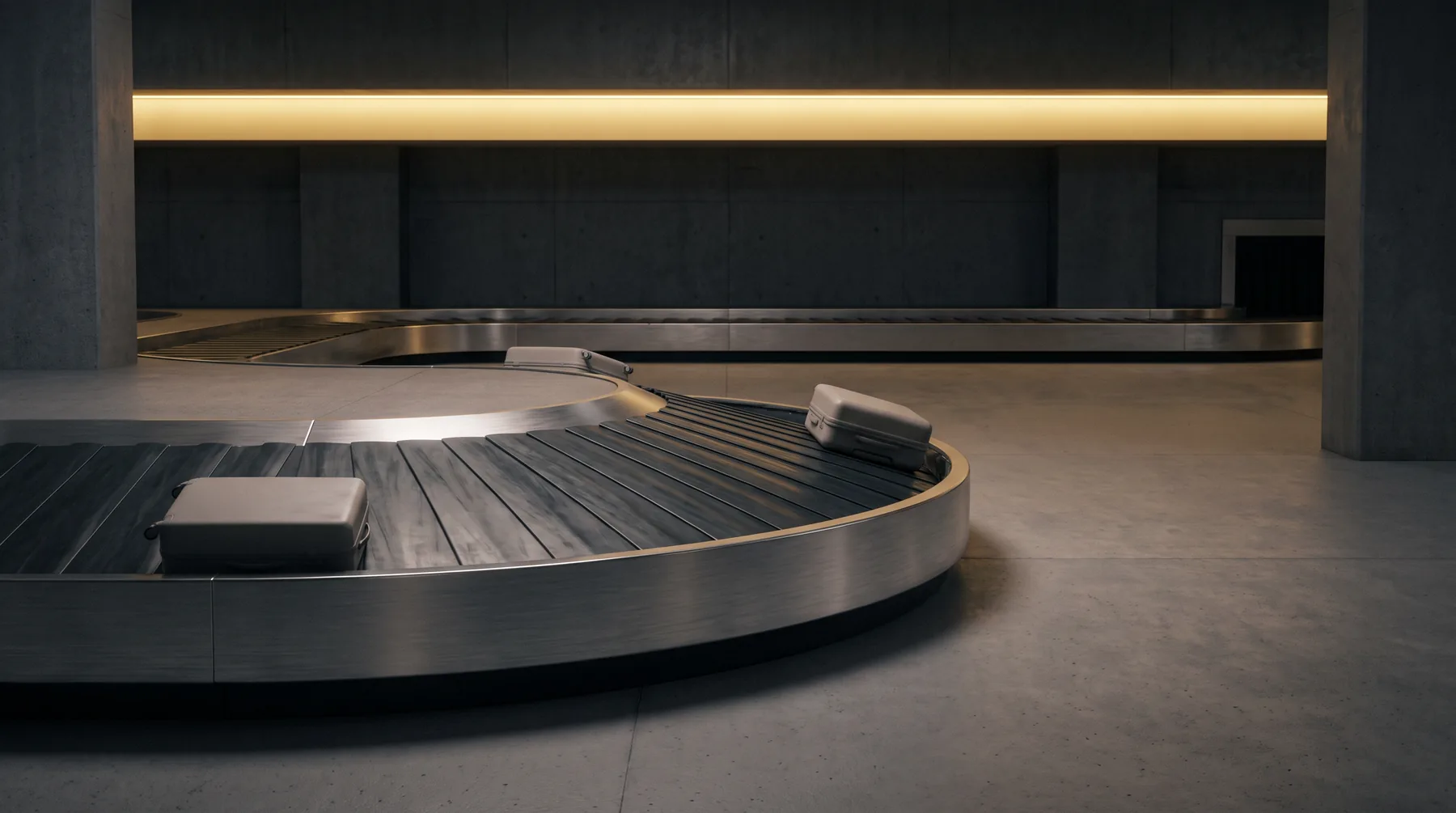 An empty baggage carousel in a quiet concrete hall, three plain suitcases resting on the curved belt under a warm band of light.