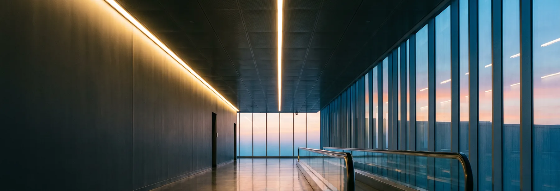 A long, empty airport walkway at night, lit by one strip of warm light along the ceiling, with dawn glowing through the glass wall at the far end.