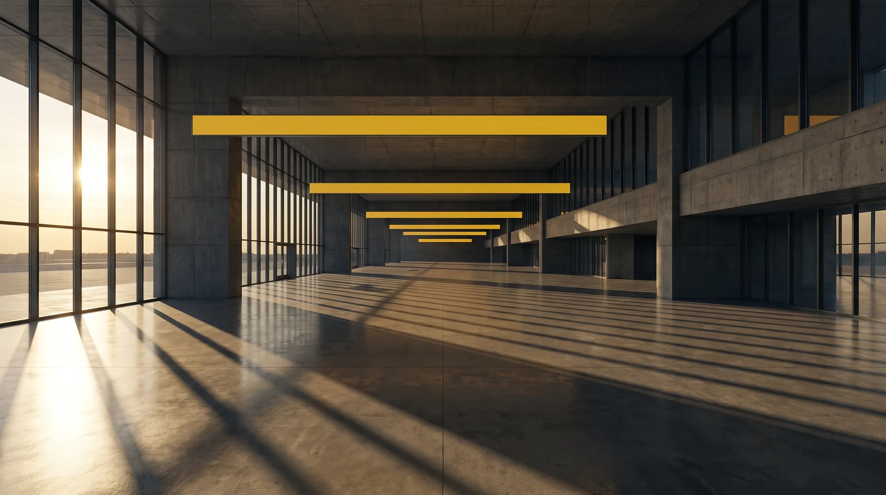An empty modernist airport terminal at dawn: low sun through tall windows lays long shadows across a polished concrete floor, under a row of blank yellow sign bands.