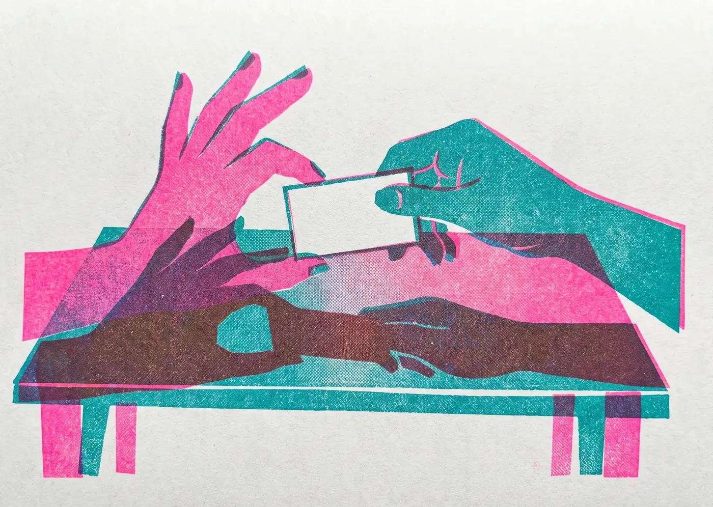 Risograph print in pink and teal: one hand passes a blank card across a table to another, the two inks overlapping into purple where they cross.