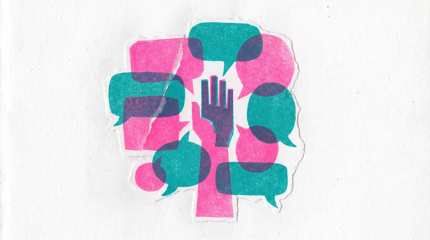 Risograph collage in fluorescent pink and teal: torn paper speech bubbles crowd around one raised hand, where the two inks overprint into deep purple.