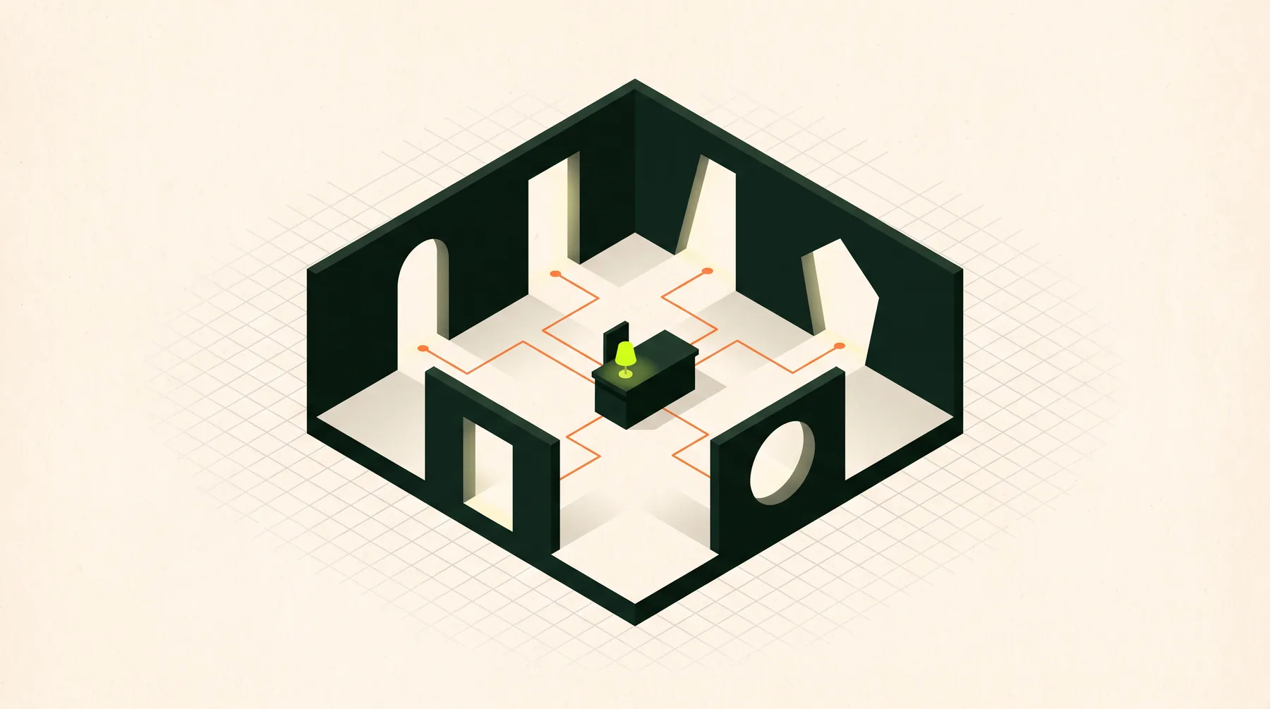 Flat poster illustration of a small desk with a lime lamp at the center of an open, roofless room, with thin orange lines running from the desk to every doorway in its walls.