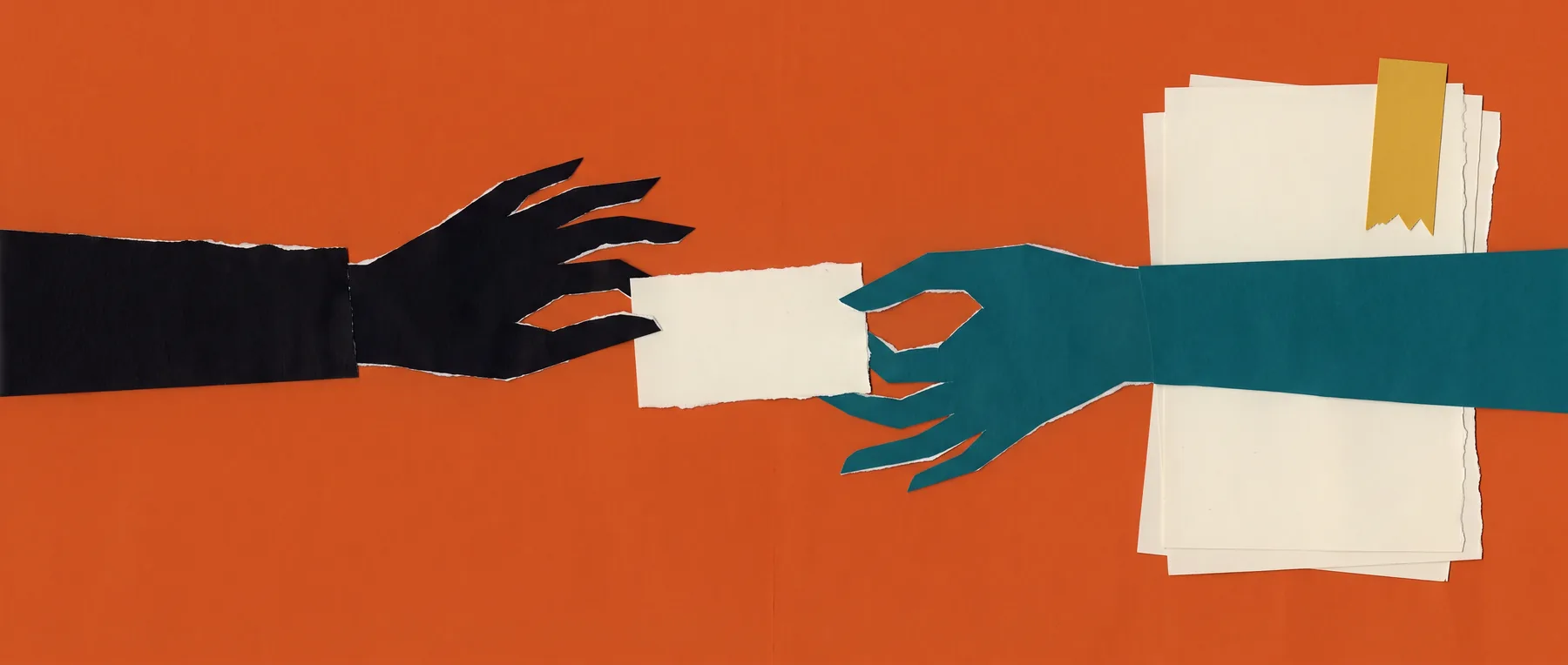 Cut-paper hands, one black and one teal, reach in from opposite edges and pass a small bone card, beside a stack of bone pages marked with a mustard bookmark.