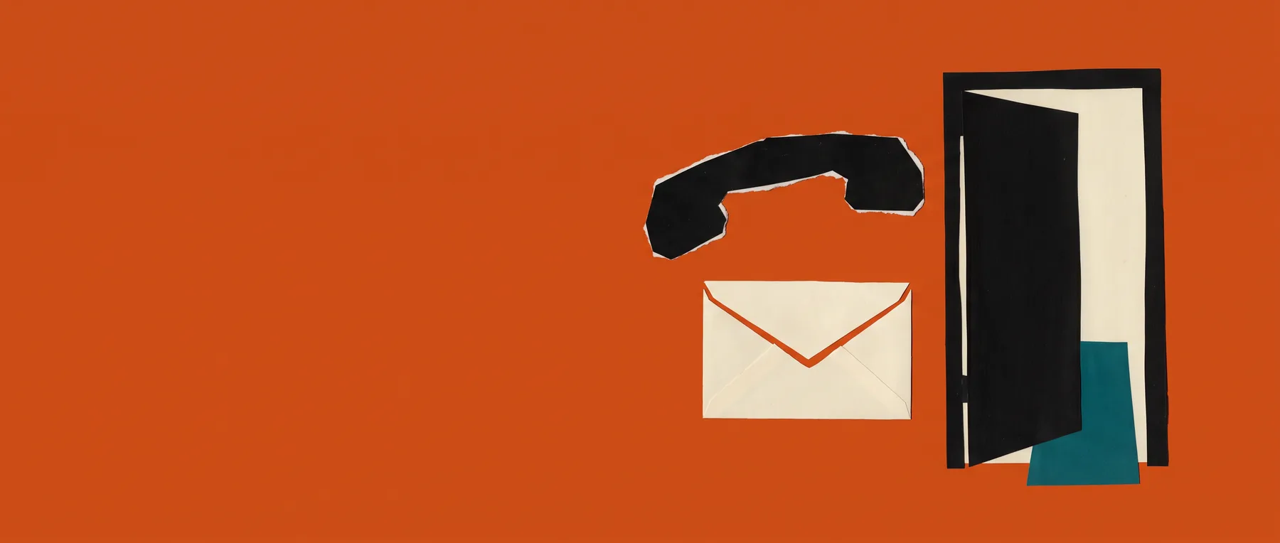 Cut-paper title card on burnt orange: a torn black telephone handset, a bone envelope and a tall black door standing open onto a sliver of light and a patch of teal.