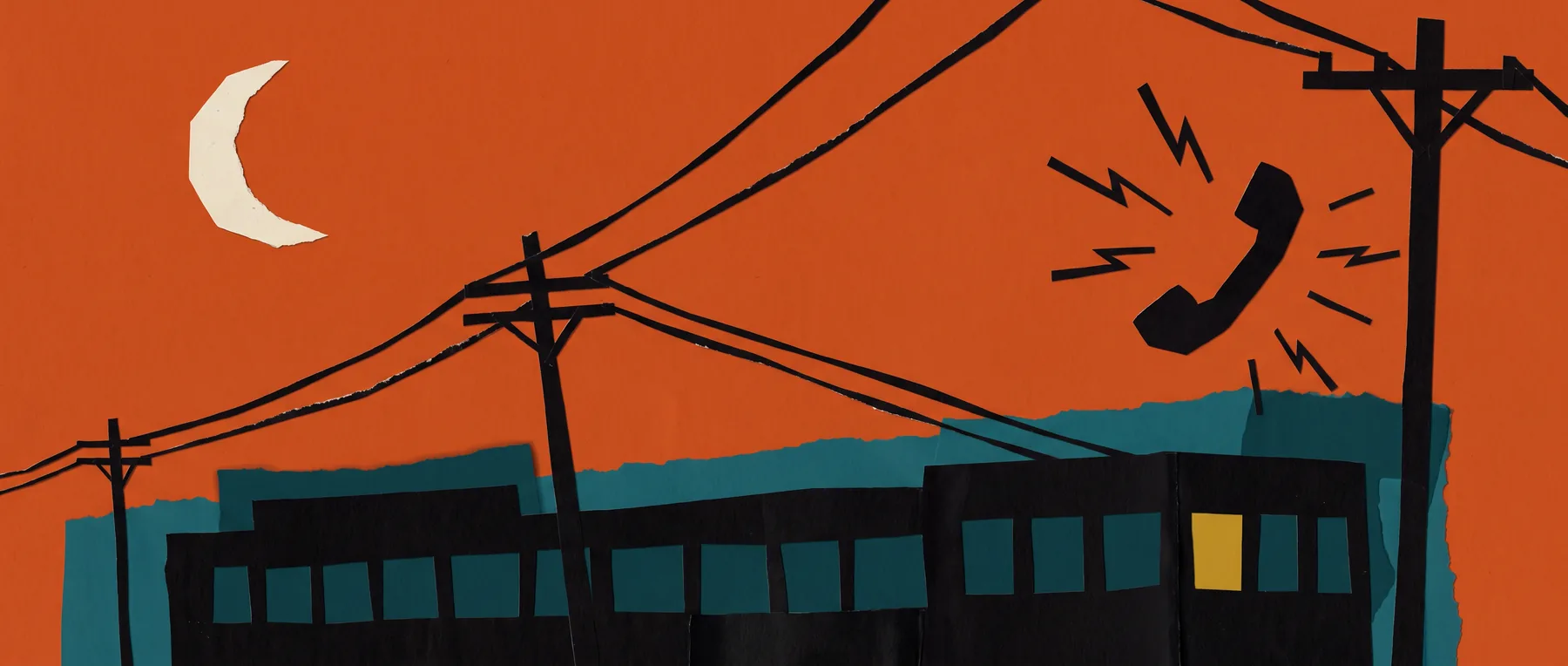 Cut-paper night scene: a dark office building with one lit mustard window under telephone wires, and a black handset ringing in the orange sky beside a bone crescent moon.