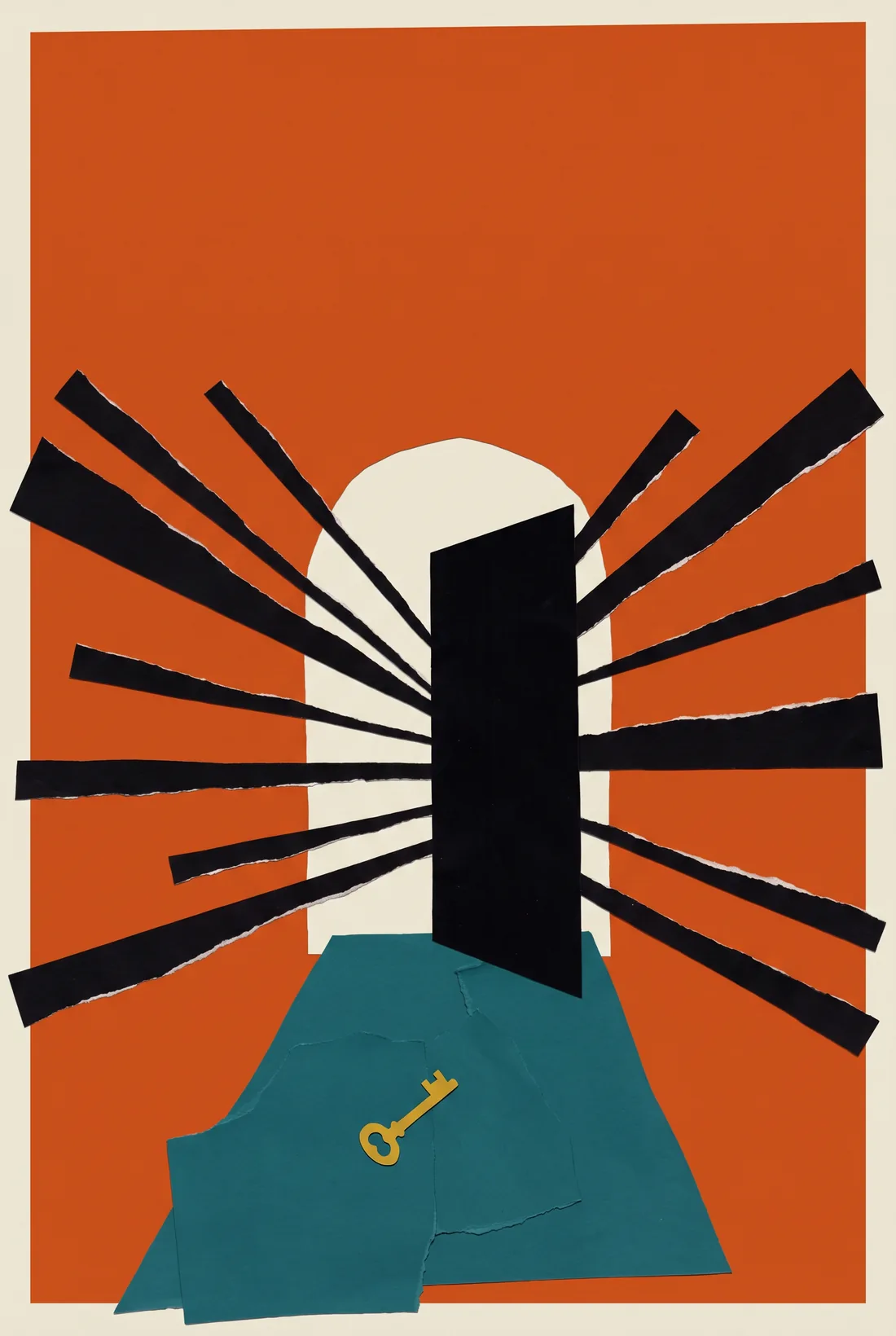 Cut-paper film poster: a bone arched doorway with a black door swung open, black paper rays bursting outward, and a mustard key lying on a teal floor.