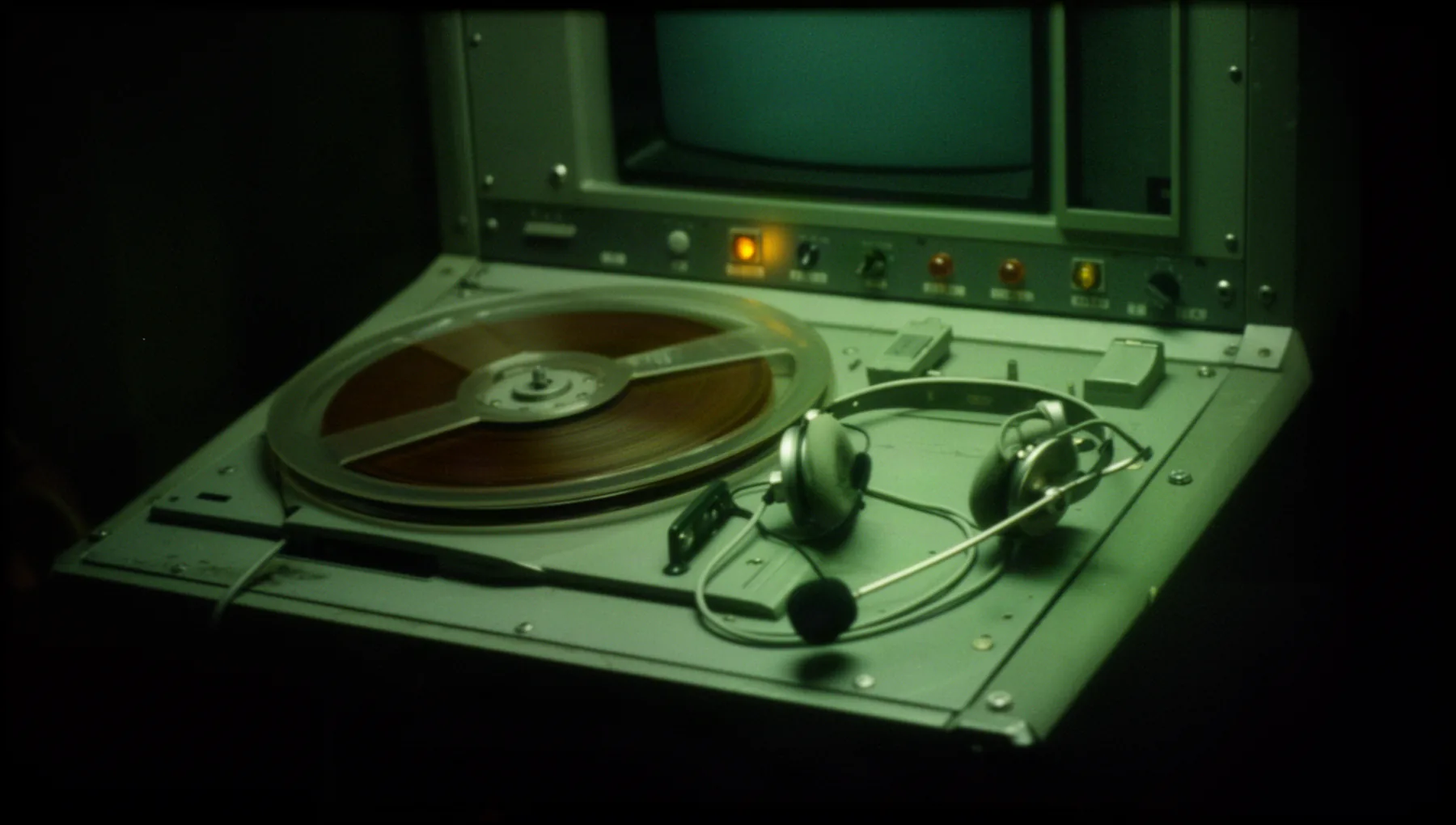 A reel-to-reel tape recorder set into a steel console at night, a headset with a boom microphone resting beside it and one amber lamp lit.