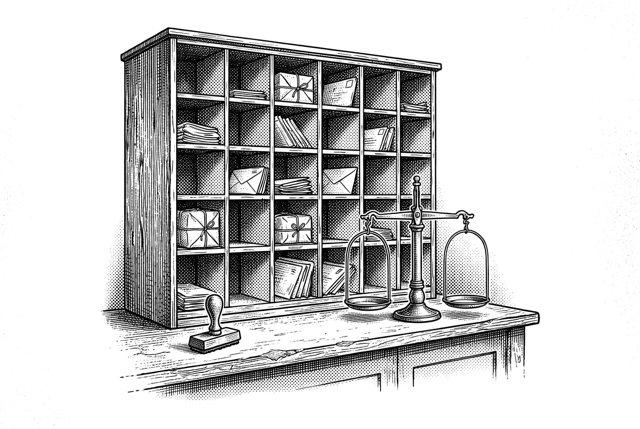 A stipple engraving of a wooden mail-sorting cabinet with pigeonholes of letters and parcels, a rubber stamp and a brass letter scale on the counter.
