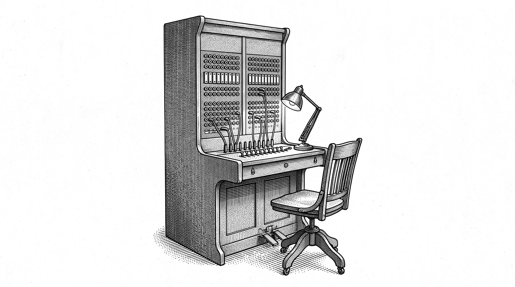 A stipple engraving of a 1920s telephone switchboard: rows of jacks and patch cords, a desk lamp switched on, and an empty swivel chair pushed back from the board.