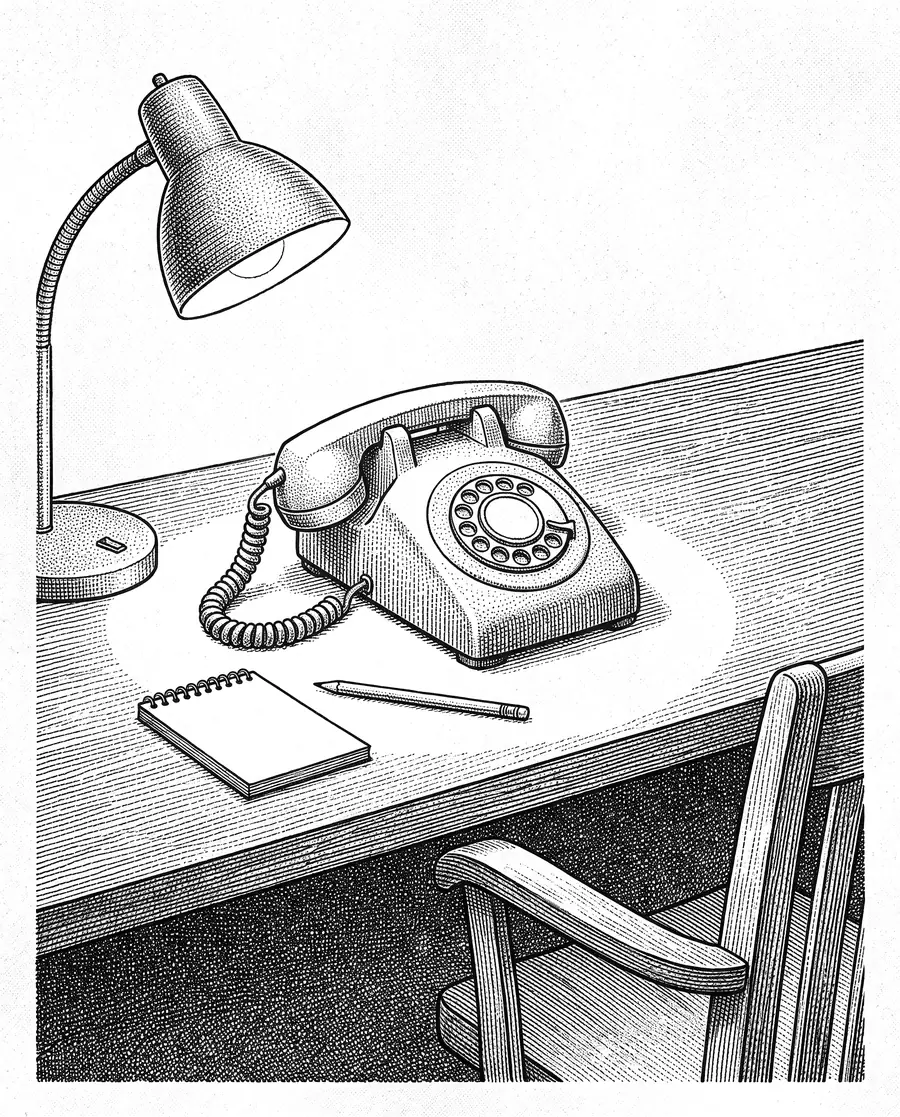 A stipple engraving of a rotary desk telephone under a lamp at night, a notepad and pencil beside it and an empty chair pulled up to the desk.