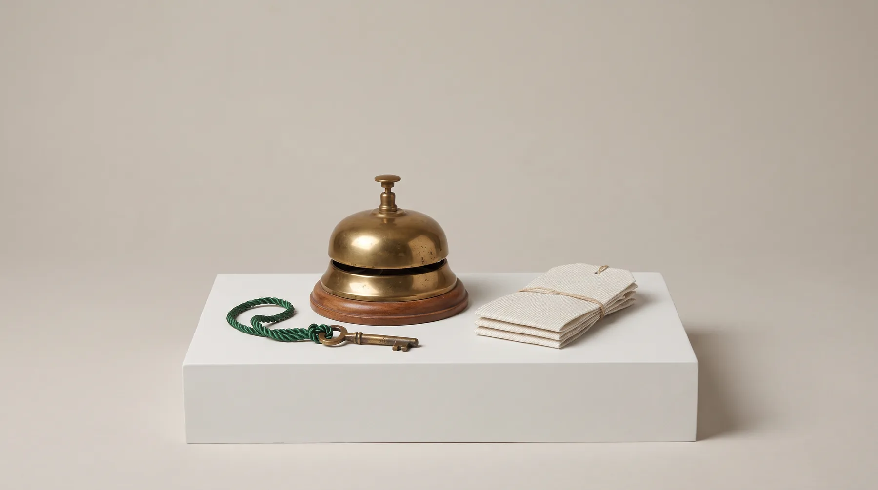 A polished brass front-desk bell on a wooden base, beside a small brass key on a green cord and a folded stack of blank linen tags, arranged on a white plinth against grey seamless paper.