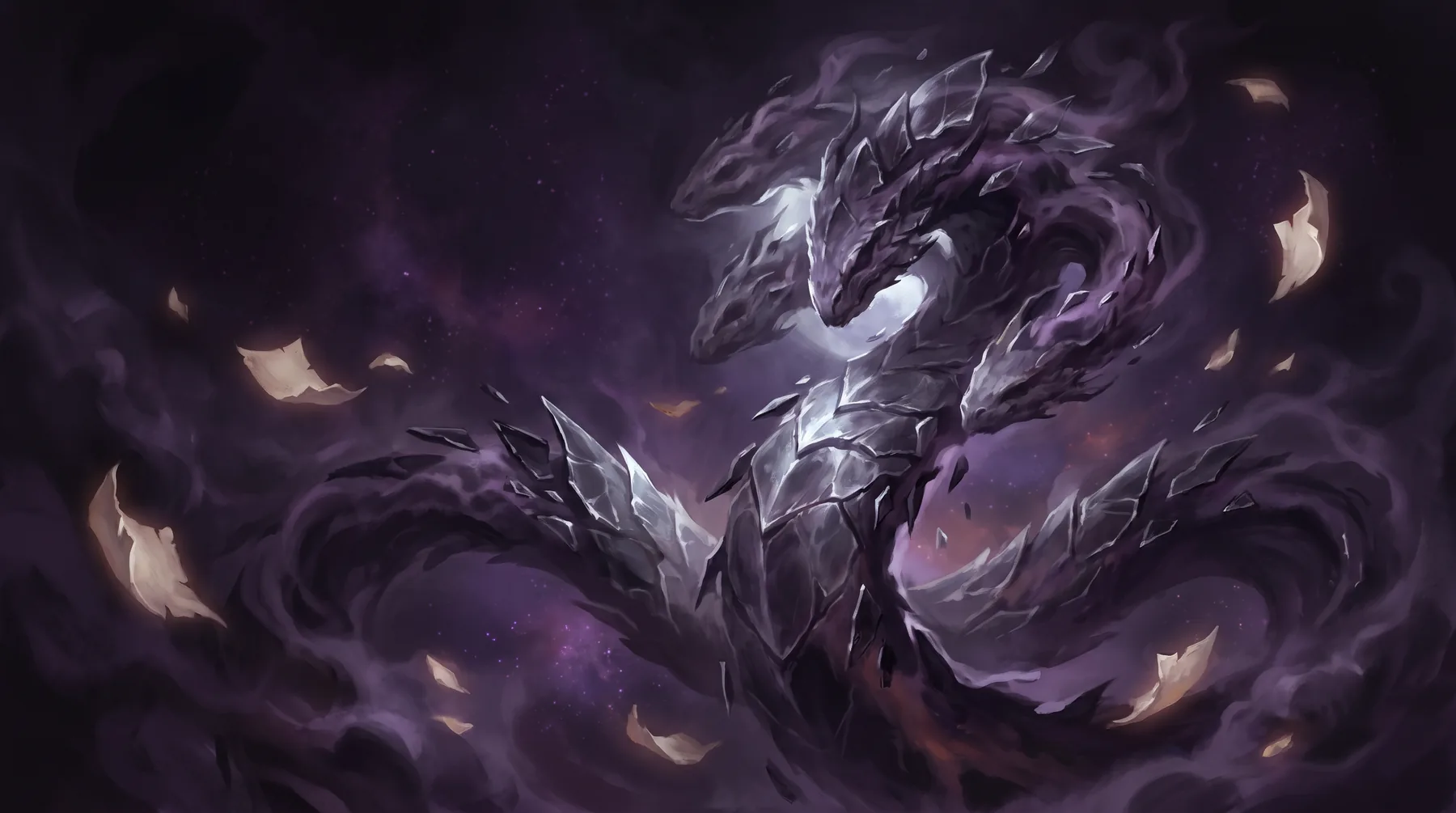 Painted illustration: a many-headed serpent of violet smoke and cracked obsidian glass coiling through a dark purple void, torn blank parchment swirling around it.