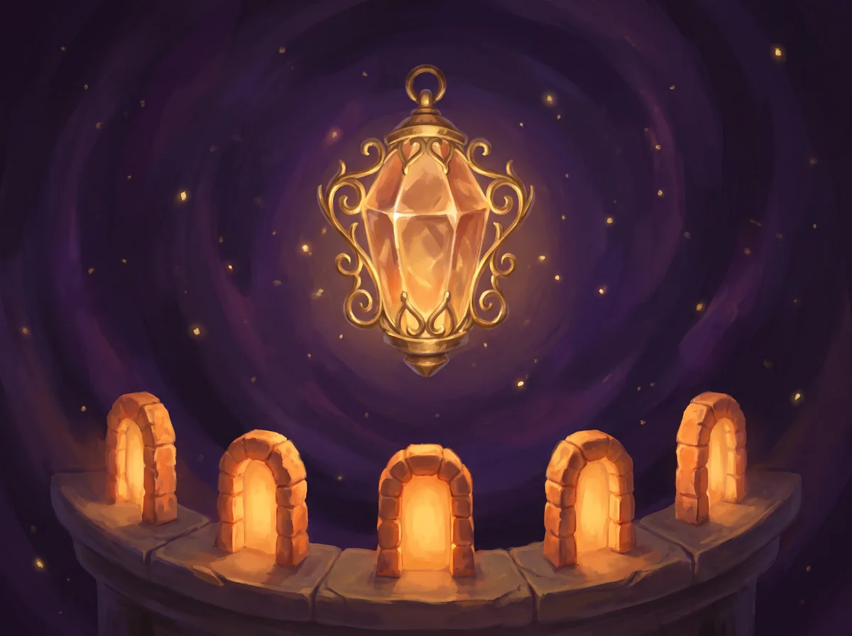Painted illustration: a faceted amber lantern wrapped in gold filigree, floating above a curved row of five small glowing stone archways.