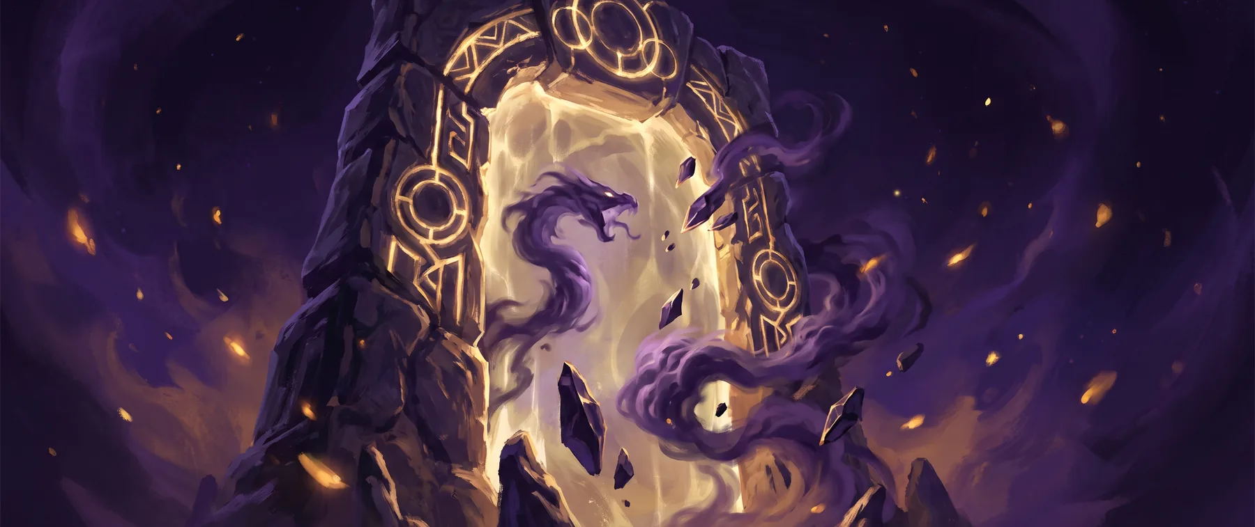 Painted illustration: an ancient stone gate carved with glowing gold wards, its archway filled with pale light while violet smoke serpents and dark crystal shards press against it from outside.