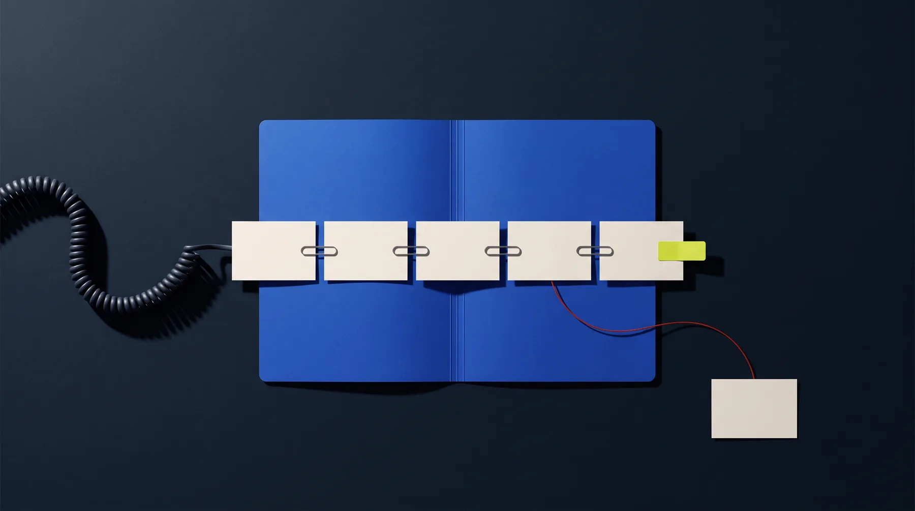 Illustration: seen from above on an ink-dark desk, five blank cream slips are clipped into a chain across an open cobalt folder. A coiled phone cord feeds the first slip, an acid-green tab marks the last, and a thin red thread runs from the fourth slip to a separate blank card.