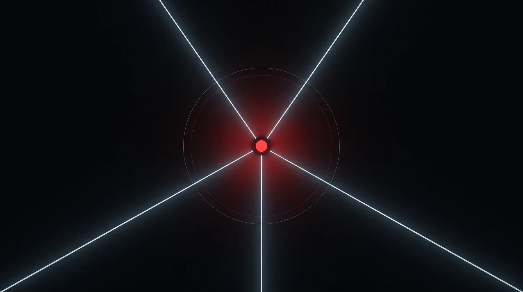 Abstract illustration: five thin beams of white light converge on one glowing red core on a black field, like five doors leading to one assistant.