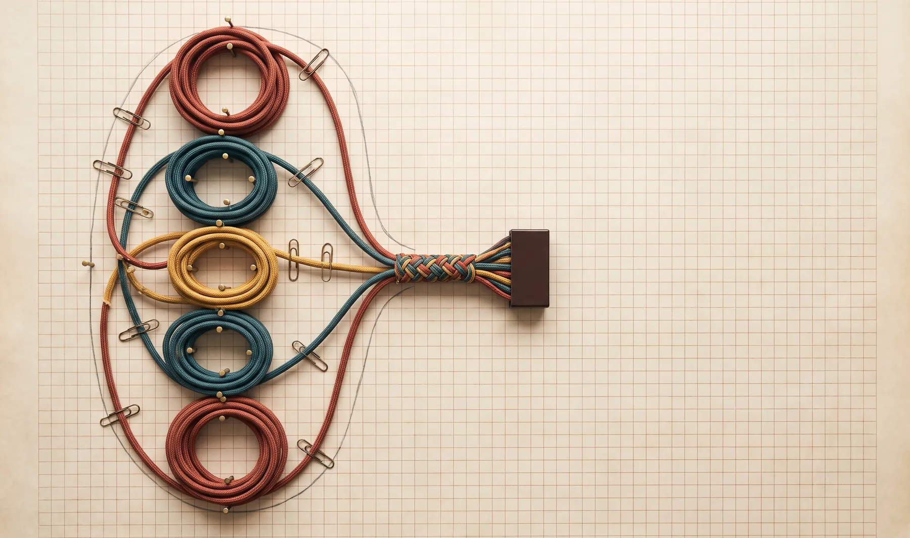 Overhead view of a wiring-harness board on cream graph paper: five coiled cable bundles in rust, teal and mustard, pinned along a pencilled outline, braid into one trunk that ends in a single dark connector block.