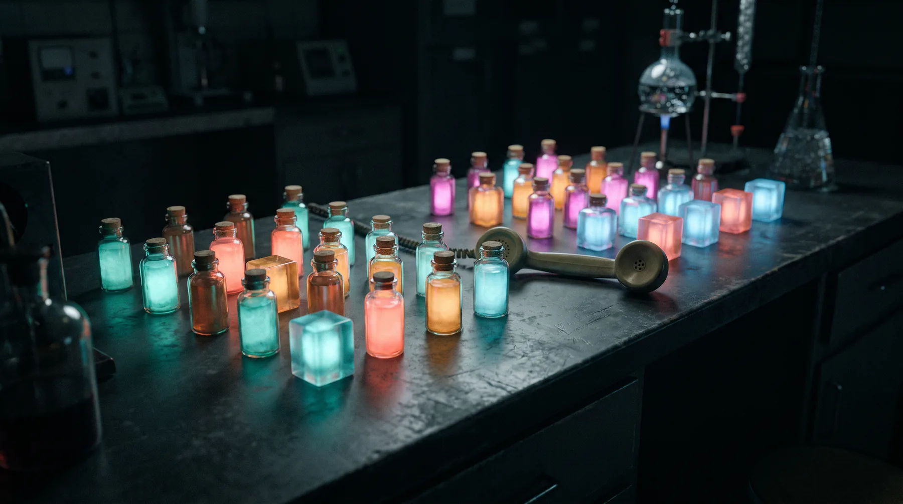 A dark laboratory bench lined with small glowing vials and cubes in teal, coral, amber and pink, an old telephone handset lying among them.