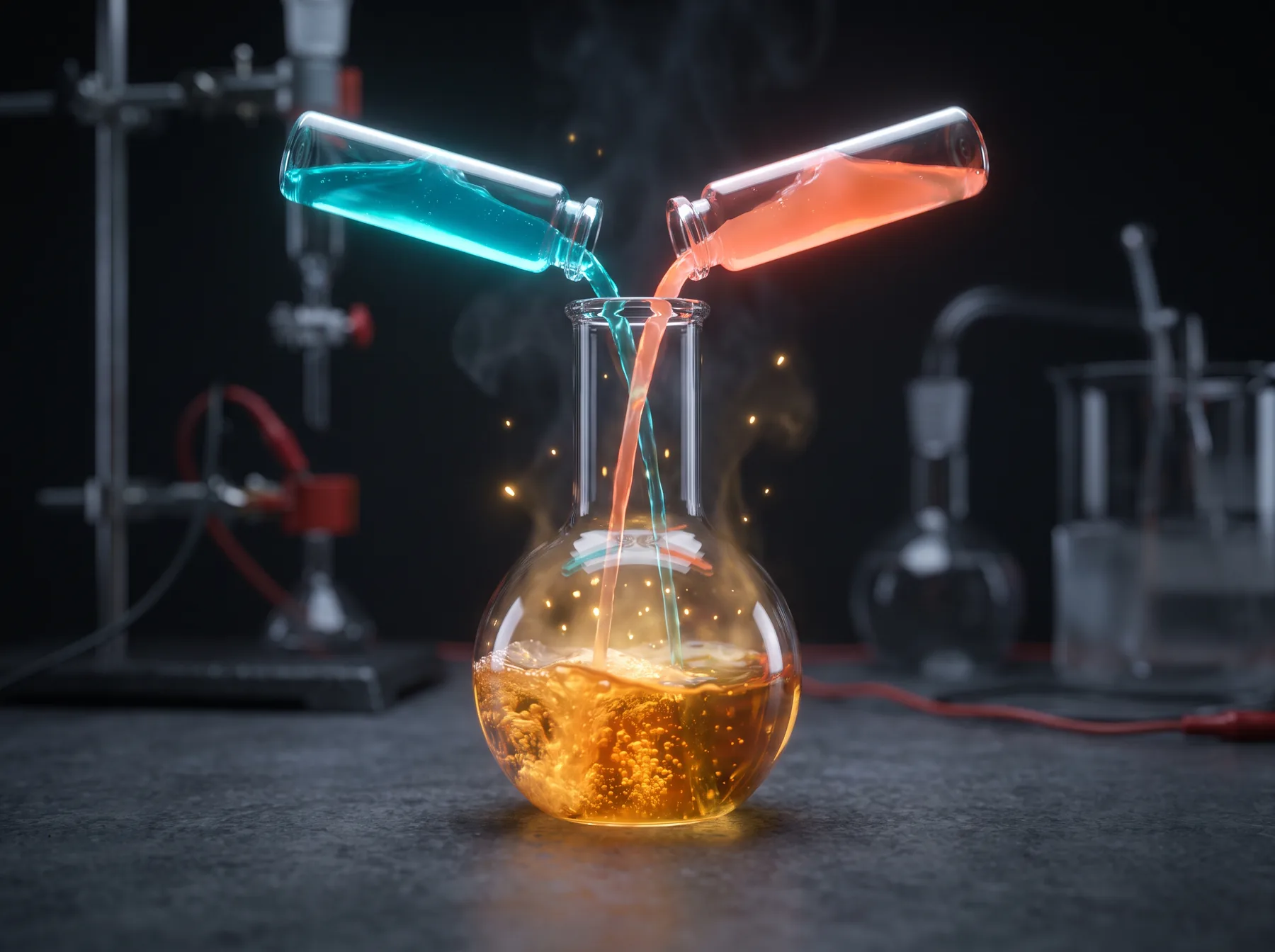 Two glowing test tubes, one teal and one coral, pour into a round flask where the mixture turns a bright amber.