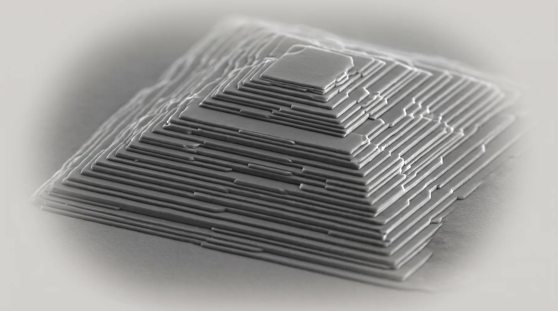A grayscale, electron-microscope-style view of crystal growth terraces rising in fine, even steps.