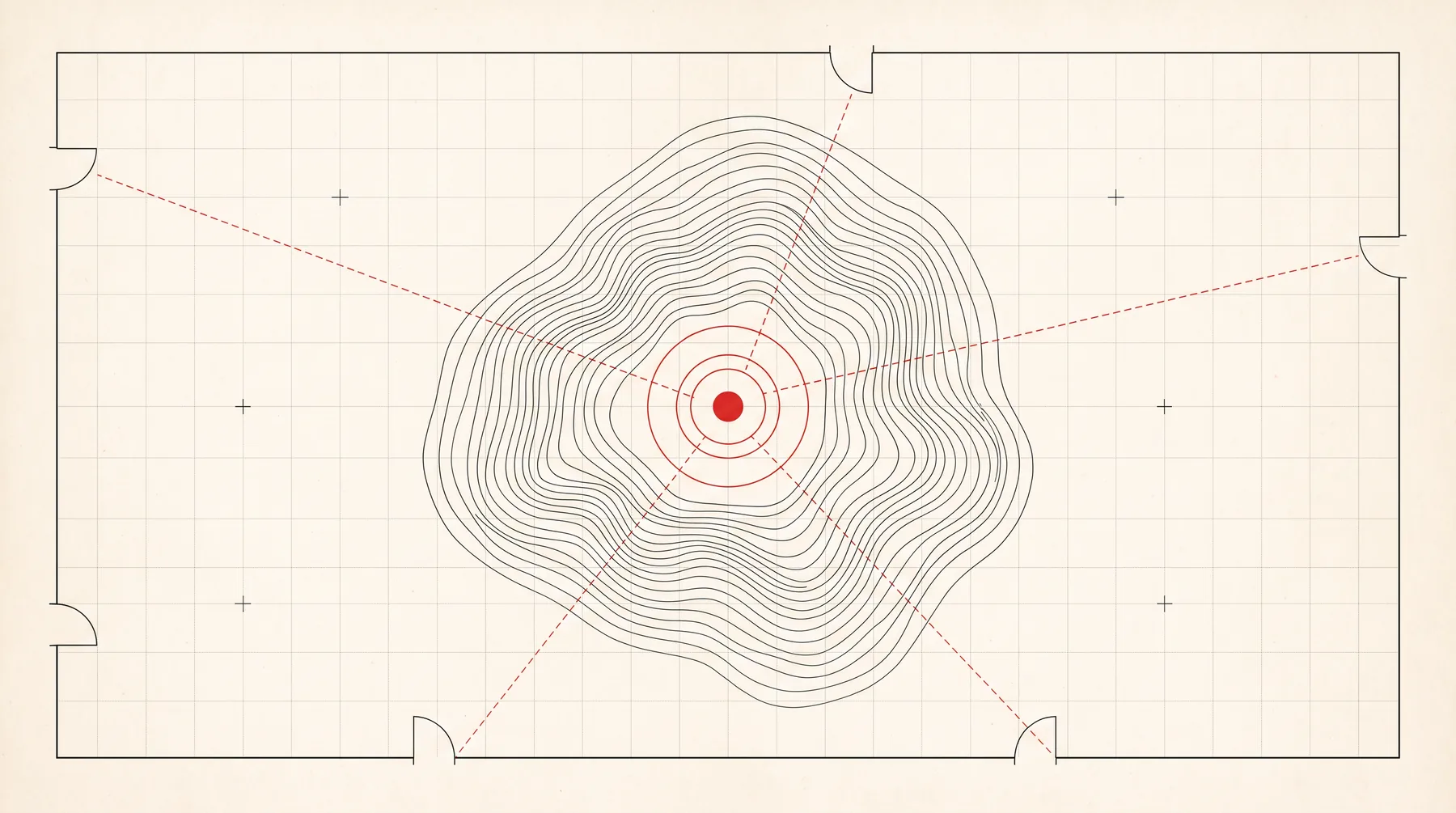 Mood illustration: a blank survey plate on graph paper, with ink contour lines rippling out from a single red point and thin dashed red routes running to doorways cut into the frame.