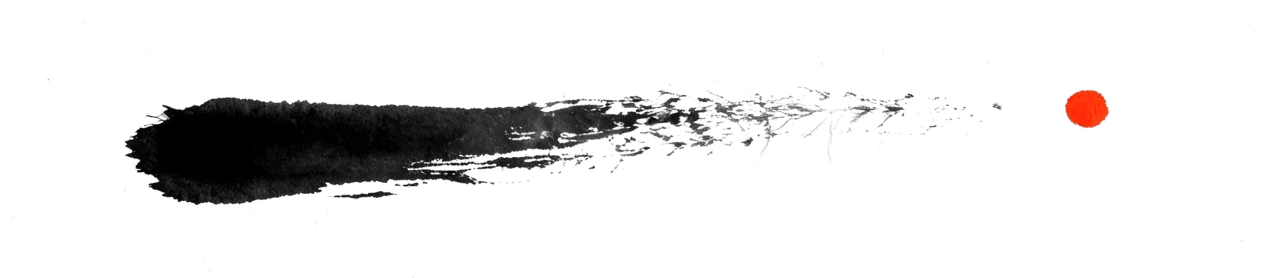 A single ink brushstroke sweeps across pale paper, thinning to a dry trail and stopping, with one small vermilion dot beyond its end.