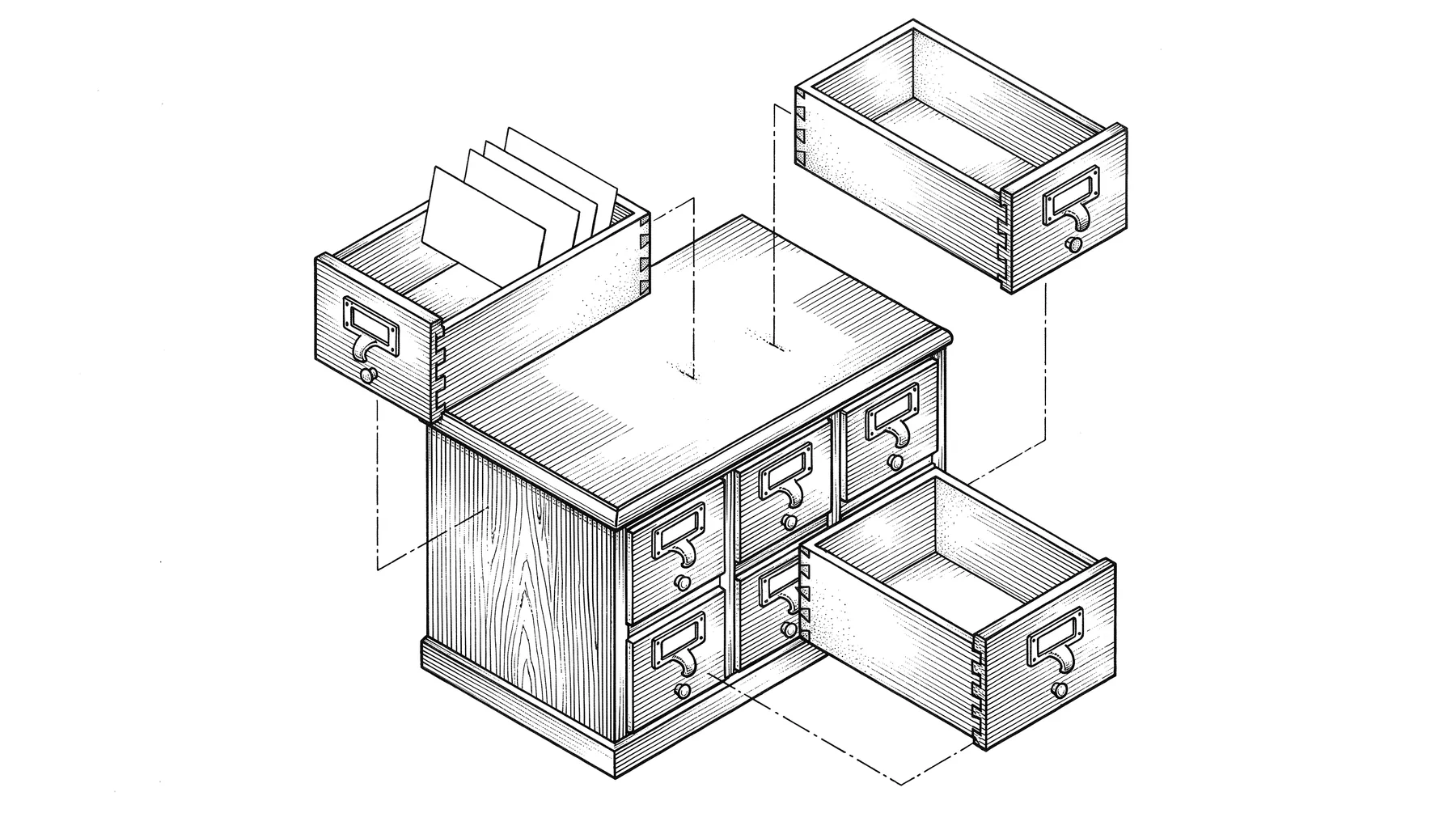 A patent-style ink drawing of a wooden card-catalog cabinet in exploded isometric view: three drawers float away from the cabinet along dash-dot assembly lines, one holding a few blank index cards.