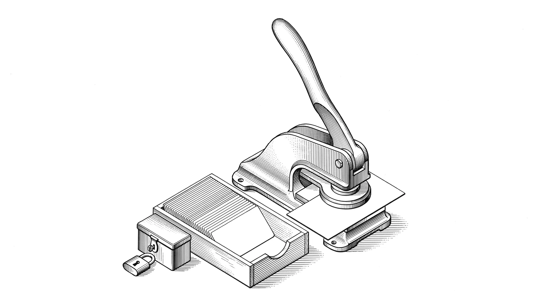 A patent-style ink drawing of a cast-iron desk seal press with its lever raised over a blank index card, beside an open wooden tray of cards and a small steel lockbox with a padlock.