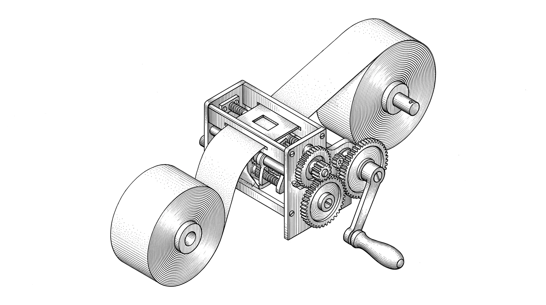 A patent-style ink drawing of an antique paper-tape reader: a long ribbon of blank tape runs from a feed roll through a small reading window and winds onto a take-up spool turned by a hand crank.