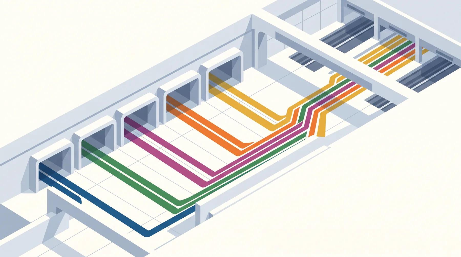 Flat isometric illustration of a bright concourse: five doorways along one wall, each starting a colored floor stripe in blue, green, purple, orange or yellow, all bending at 45 degrees into shared lanes toward the platforms.