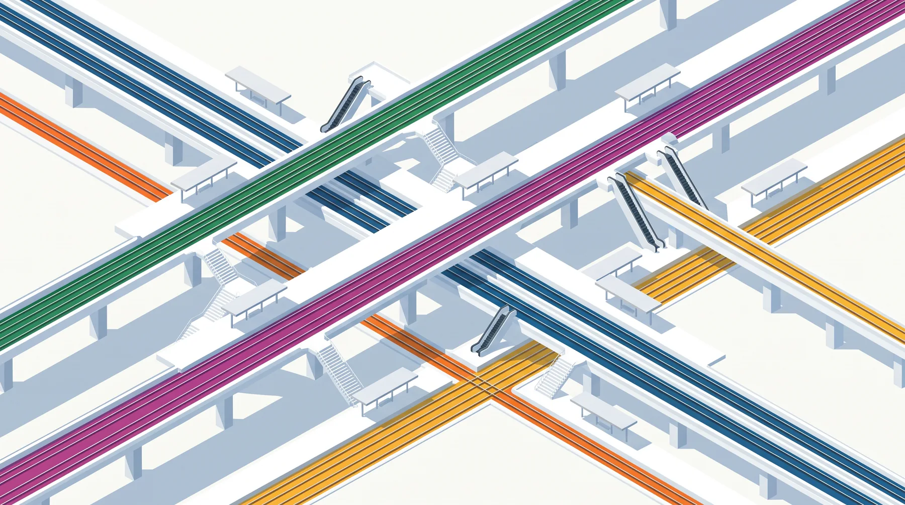 Flat isometric illustration of a multi-level interchange where blue, green, purple, orange and yellow rail lines cross on white viaducts, joined by stairs and escalators.