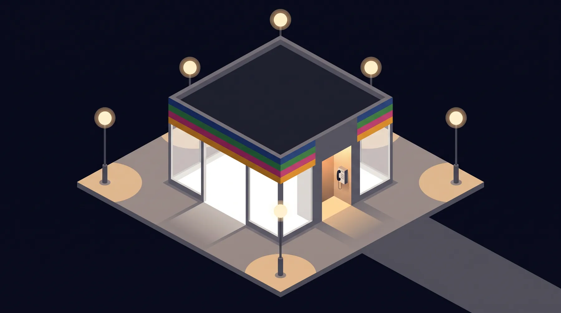 Flat isometric illustration of a small station pavilion at night, its white interior glowing, a lit alcove holding a wall telephone, and a facade band striped in the line colors.