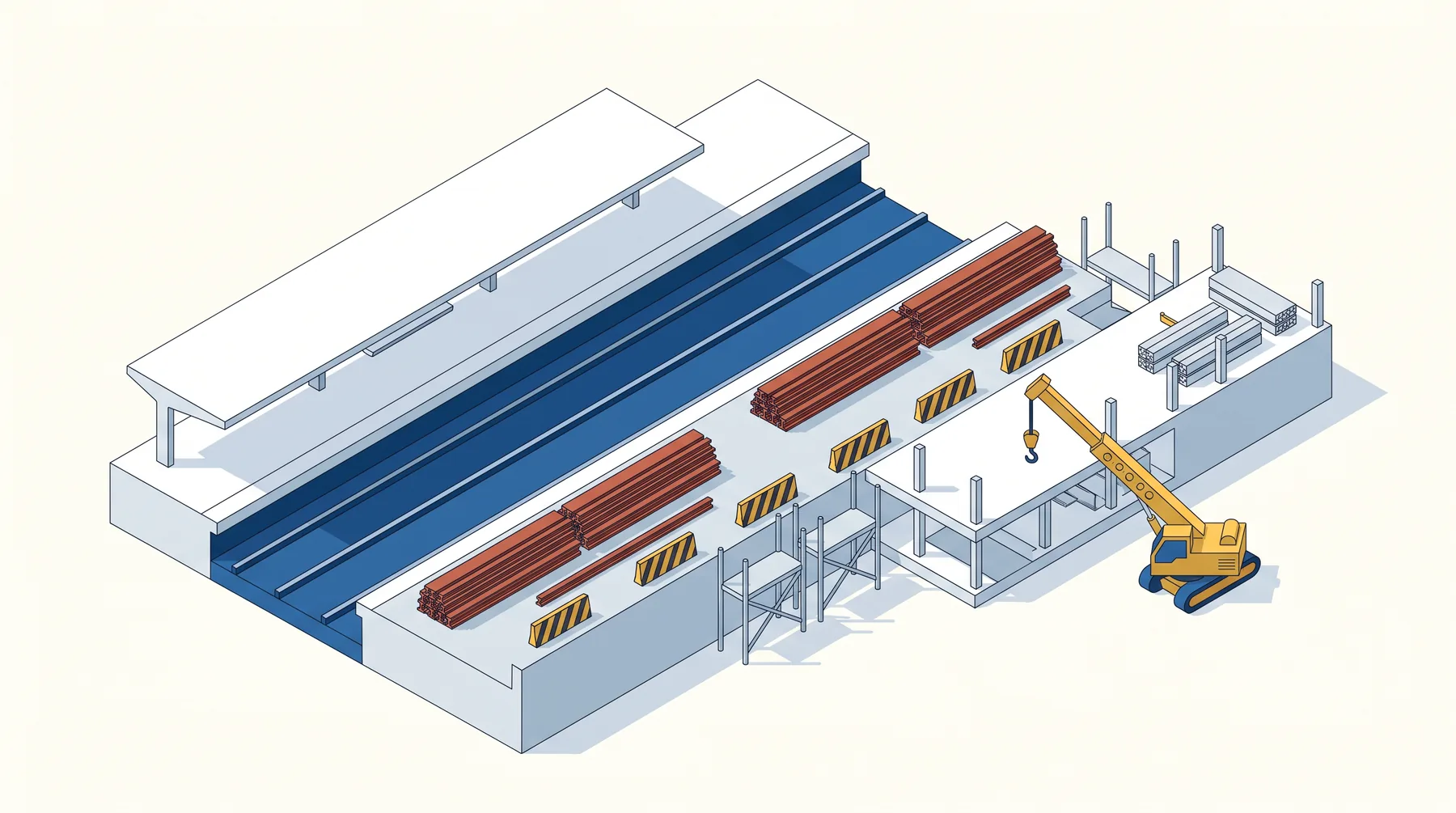 Flat isometric illustration of a station opening in stages: a finished white platform beside a blue track on the left, and on the right an unfinished track bed with scaffolding, stacked rails, striped barriers and a small yellow crane.