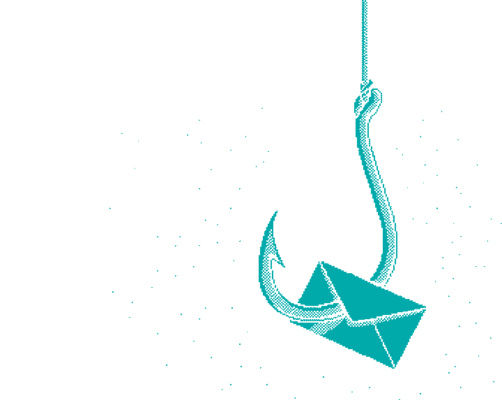 A dithered fishhook hangs on a line from the top of the screen, a small envelope skewered on its point like bait.