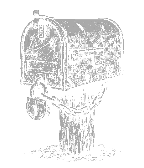 A dented, dithered metal mailbox on a wooden post, its door chained shut with a heavy padlock.